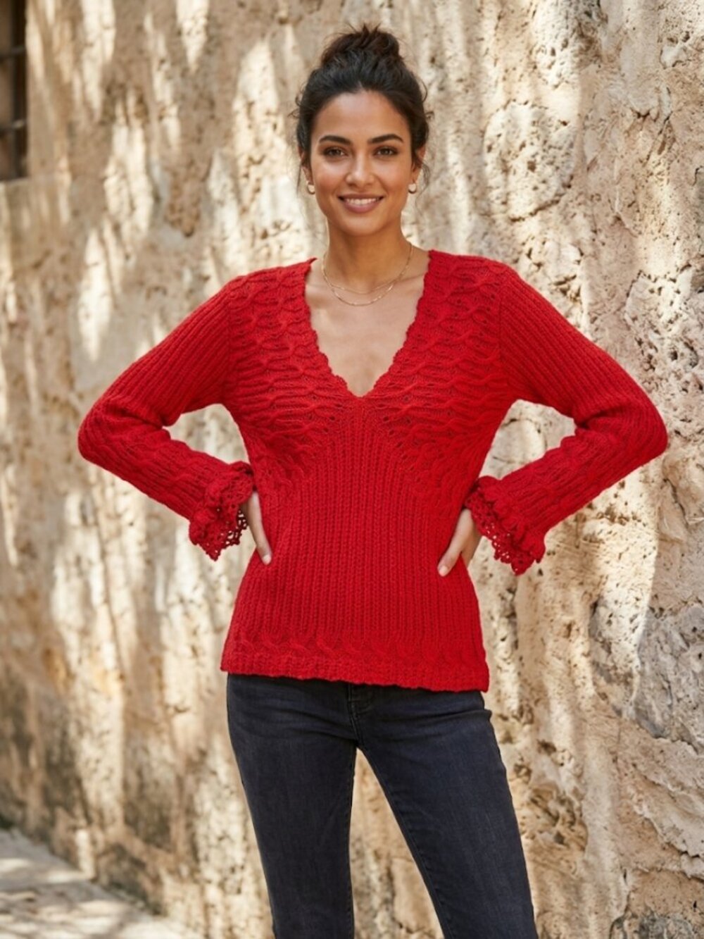 Vintage Oscar de la Renta Red Knit Sweater V-Neck Coquette Chic Quiet Luxury L